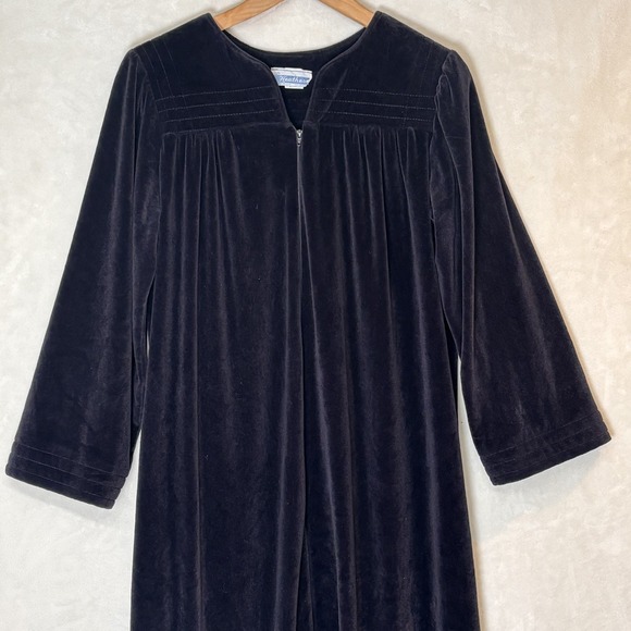 Vtg Black Velour Lounge Maxi Dress 70s Witchy Dark Romantic Made USA L Lagenlook - Picture 3 of 10